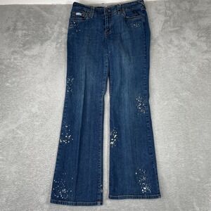Baby Phat Flare Jeans Womens 11 Blue Paint Splatter Gold Cat Logo Y2K McBling